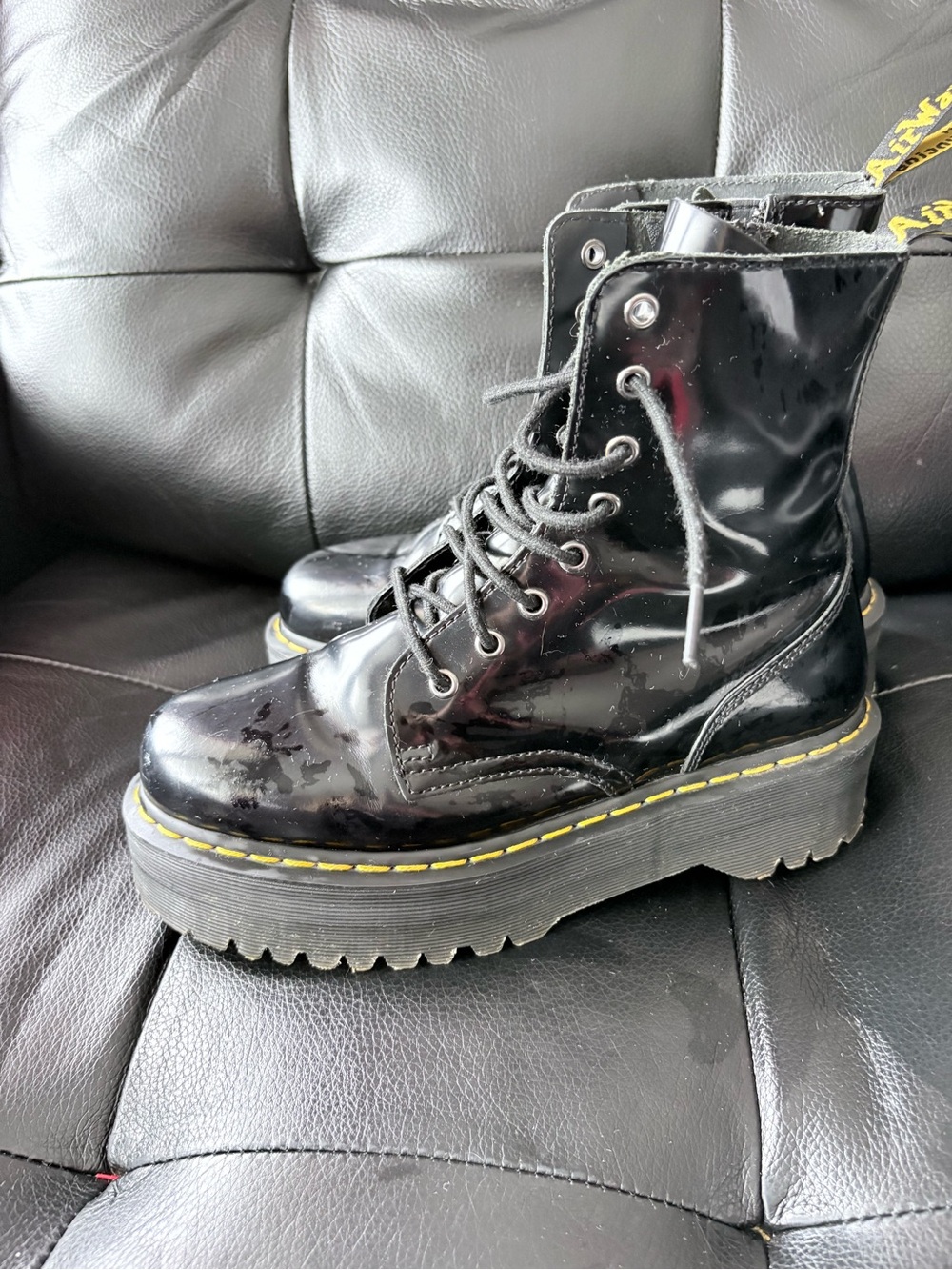 Dr. Martens Black Patent Lace-Up Platform Combat Boots with Yellow Stitching